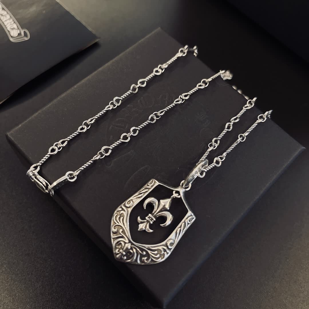 Chrome Hearts Silver Fleur-de-lis Shield Necklace